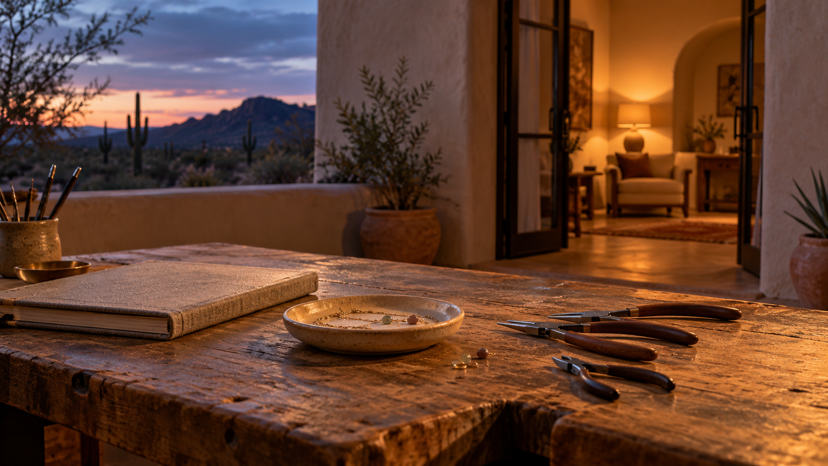 Jewelry tools, a closed notebook and a ceramic dish with a gold chain rest on a wooden workbench at dusk, beside a warmly lit doorway.