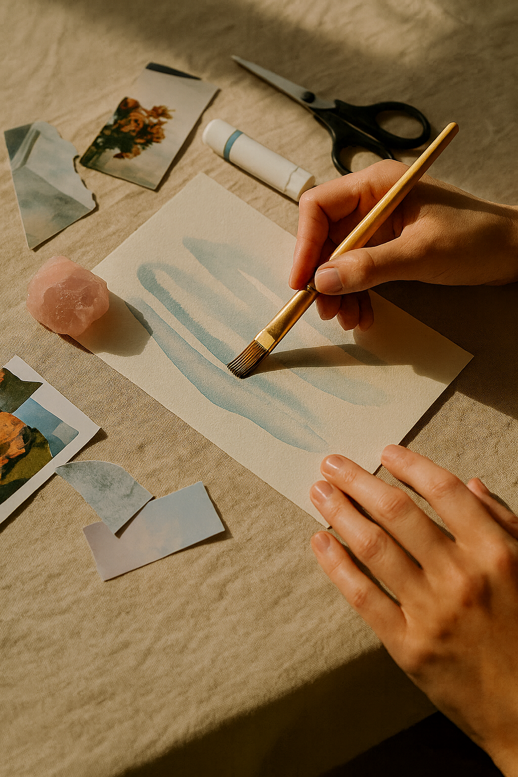 Overhead view of a collage ritual in progress with layered images, fabric pieces, a grounding stone, candle, and wildflowers