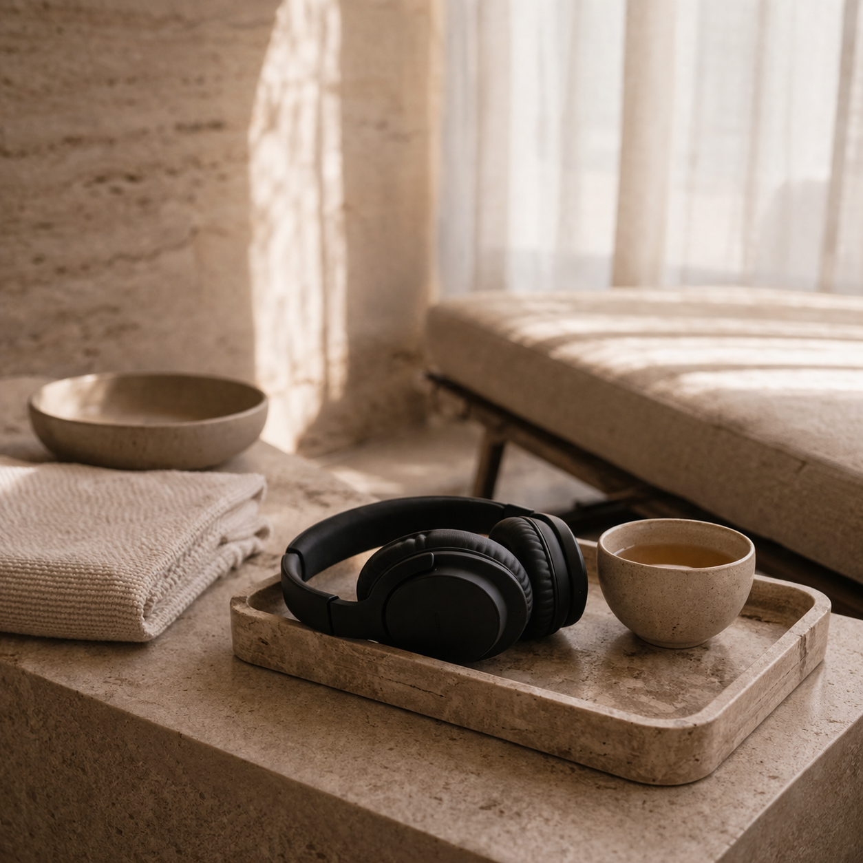 Black over-ear headphones, a ceramic bowl, a ceramic dish, a beige towel, and a beige tray on a stone surface in a softly lit room with beige curtains and a lounge chair.