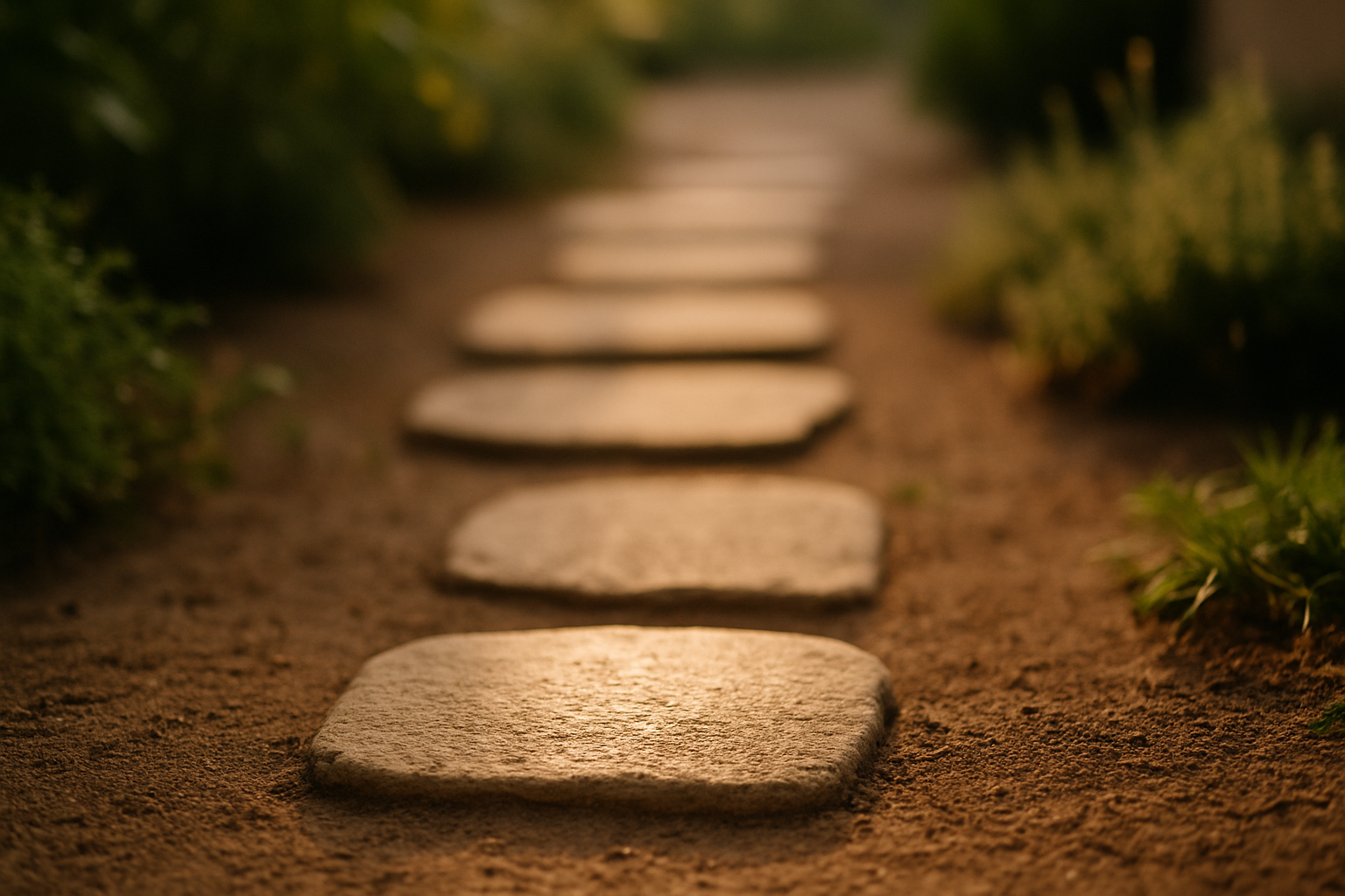 Close-up of a stone pathway in a garden with large, flat stones laid along a dirt path, surrounded by greenery.