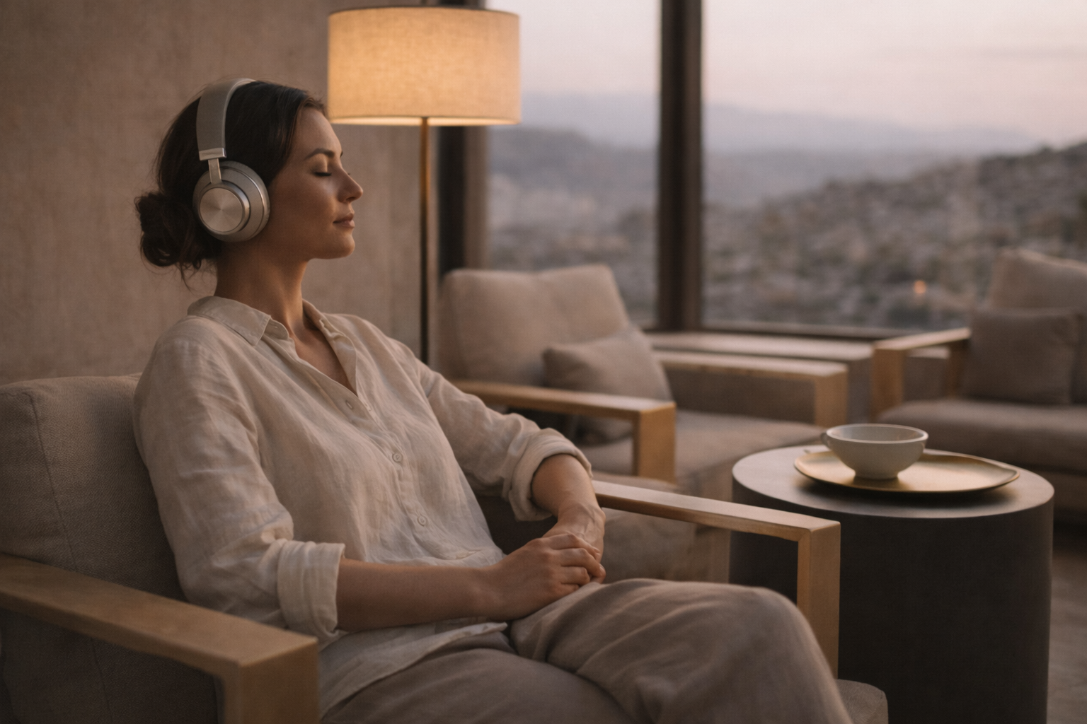 A woman with dark hair in a bun, wearing a beige shirt and large over-ear headphones, sitting with her eyes closed in a cozy living room. There is a round black table with a white bowl and a gold tray nearby, and a large window showing a mountainous landscape at dusk.