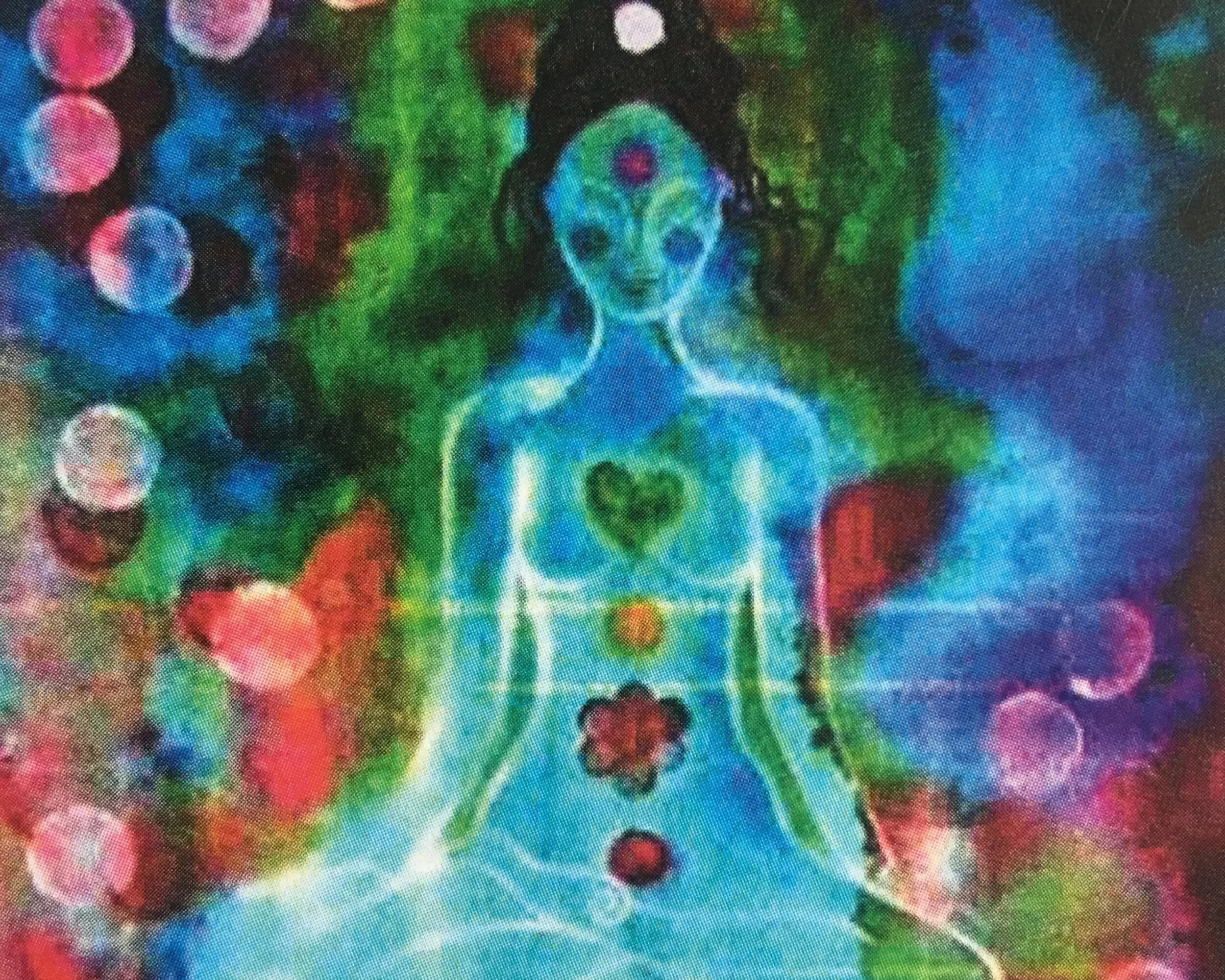 A colorful, abstract depiction of a woman with long dark hair, butterfly-like wings, and a heart on her chest, surrounded by vibrant, swirling colors and circular patterns and chakras.