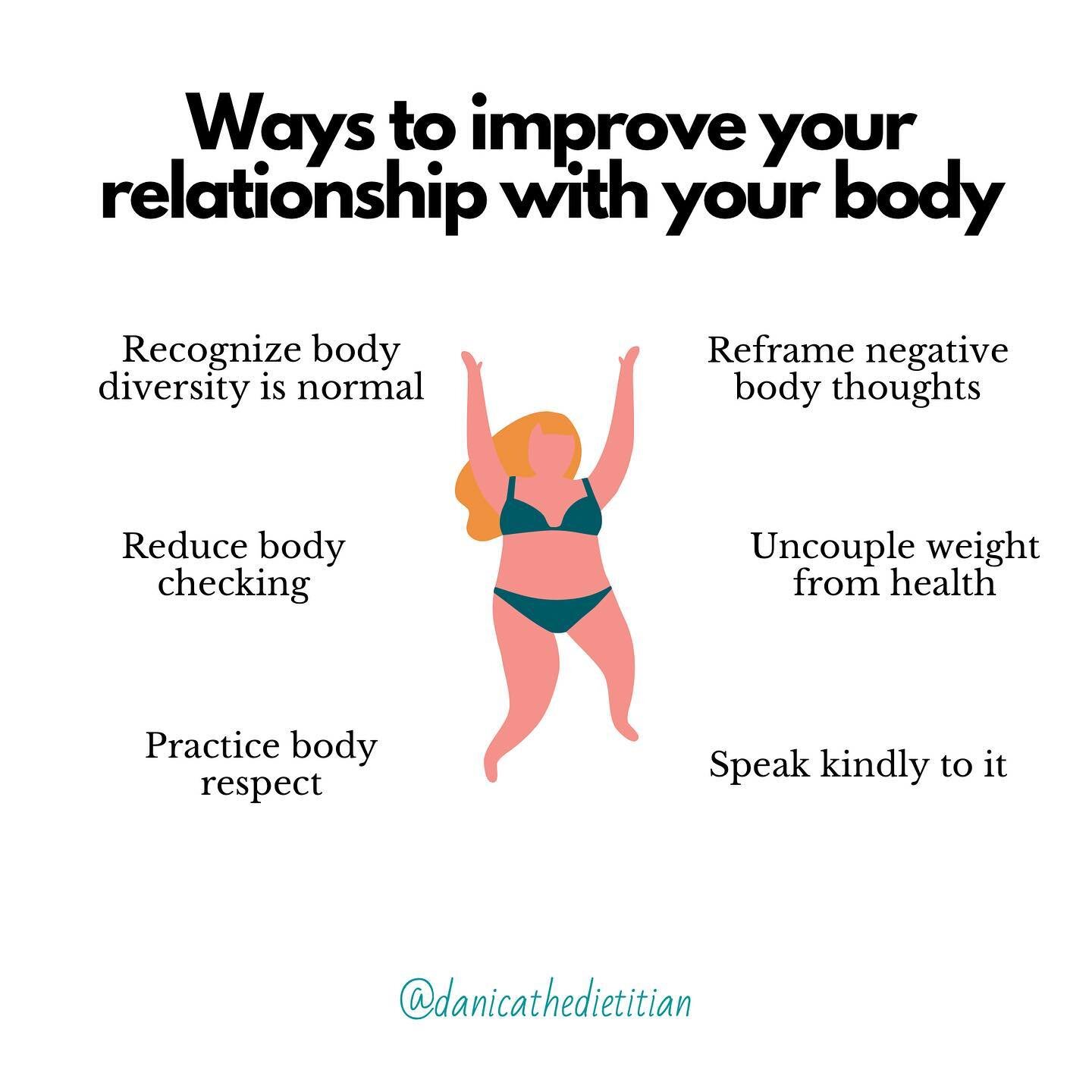 Our relationship to our body is lifelong. The world gets so much brighter when we heal our relationship to our bodies 🌞 

Here are some ways to work on that relationship: 

&bull; Recognize body diversity is normal. Healthy bodies come in a range of