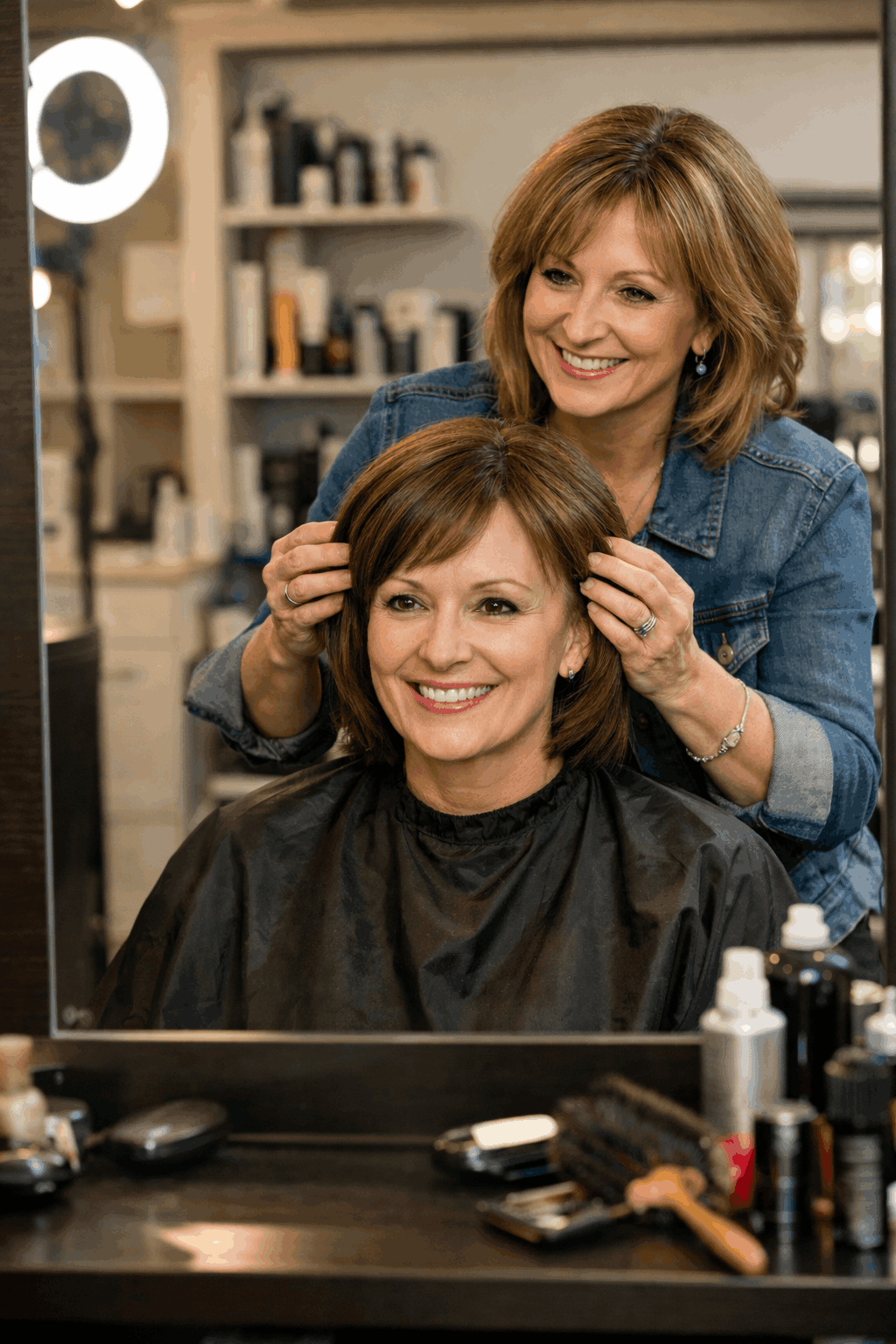 stylist putting wig on woman