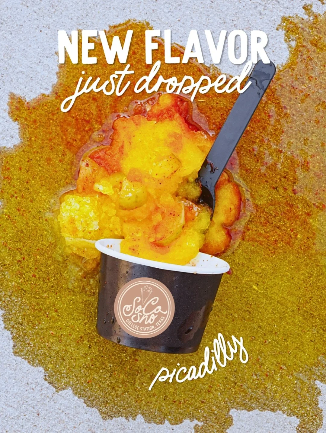 New flavor of the season just dropped!✨⁠
⁠
Say hello to Picadilly. Come and try it out today!⁠
⁠
⁠
#SoCoSno #CollegeStationTX #BryanTX #SnowConeSeason #NewFlavor