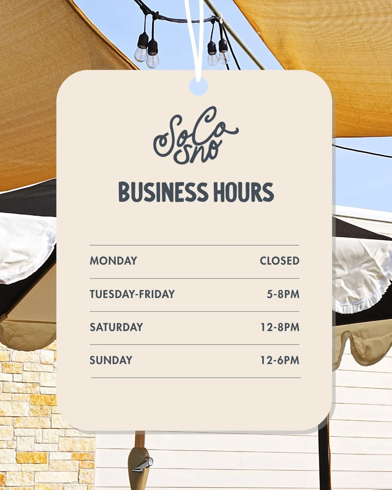 New hours, starting tomorrow! ⏰🍧

Beginning August 19th, SoCo Sno will be operating on our updated business hours. Save this post so you know exactly when to make your next snowcone run!

📍 4160 SH-6 S, College Station, TX

🕕 Monday: Closed
Tuesda