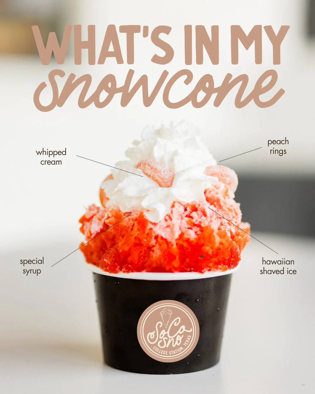 No gatekeeping this order 🙂&zwj;↕️⁠
⁠
Hawaiian shaved ice. Special syrup. Whipped cream. Peach rings. Nothing complicated, just a really good combination 🍧🍑⁠
⁠
Come try it at the stand today! ⁠
⁠
#SoCoSno #CollegeStationTX #BryanTX #SnowConeSeason