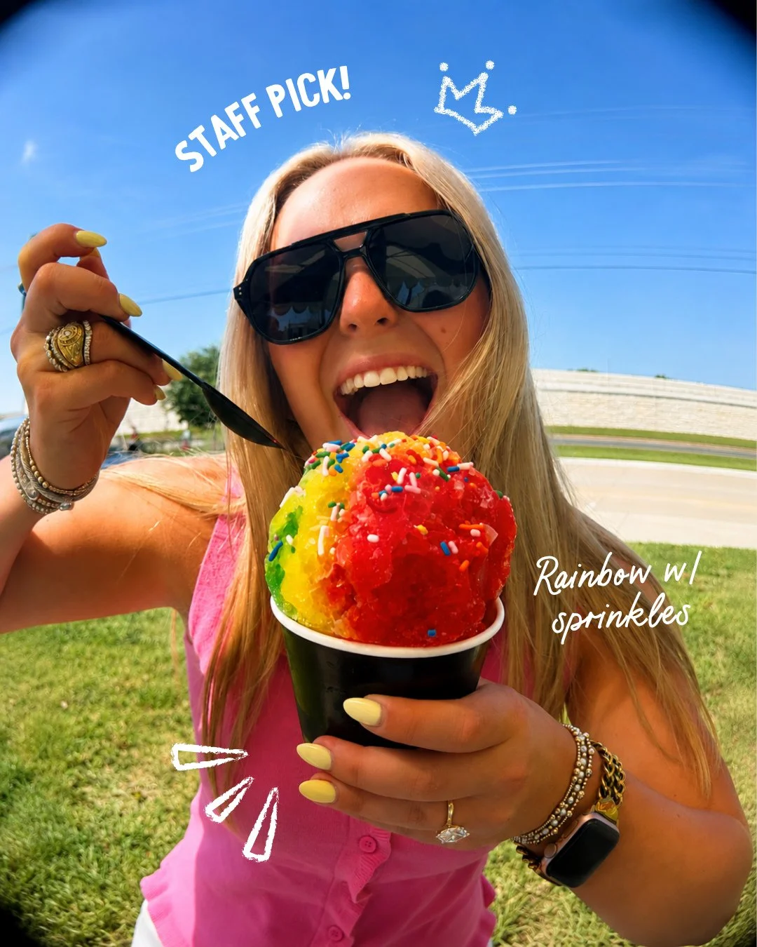 You SoCo Sno sister knows what&rsquo;s up 😌🍧⁠
⁠
Rainbow + sprinkles is the kind of order you just don&rsquo;t question.⁠
⁠
Come by the stand and try it for yourself!⁠
⁠
📍 4160 SH-6 S, College Station, TX⁠
🗓️ Mon: Closed | Tue-Friday: 5&ndash;8 pm