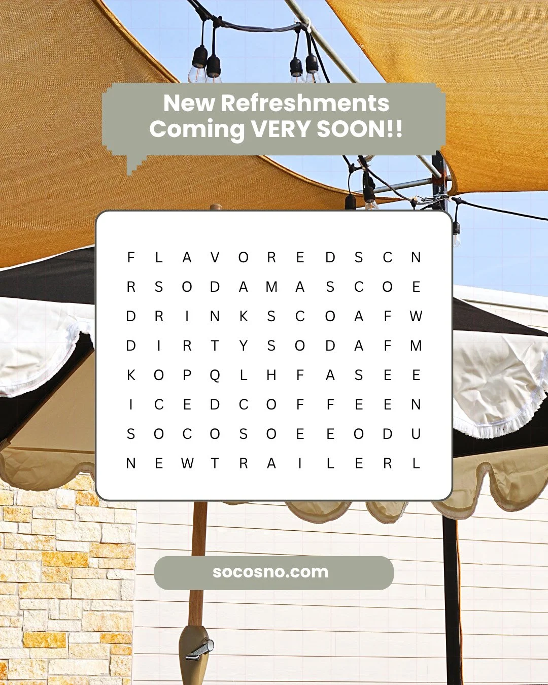 New refreshments are almost here 👀🥤⁠
⁠
We&rsquo;ve been working on a whole new lineup for our new trailer, and it&rsquo;s officially getting VERY close to public launch! ⁠
⁠
Can you spot all the clues in the word search? Drop what you find below an