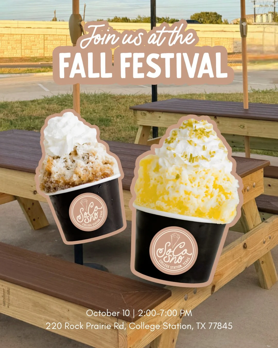 See you at the Fall Festival! 🍂⁠
⁠
Come hang with us at the Fall Festival for an afternoon of good weather, good treats, and your favorite SoCo Sno flavors.⁠
⁠
📍 220 Rock Prairie Rd, College Station, TX 77845⁠
⏰ October 10 | 2:00&ndash;7:00 PM⁠
⁠
S