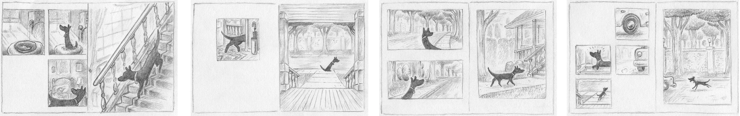 Black and white pencil sketches for Foster book page layouts.