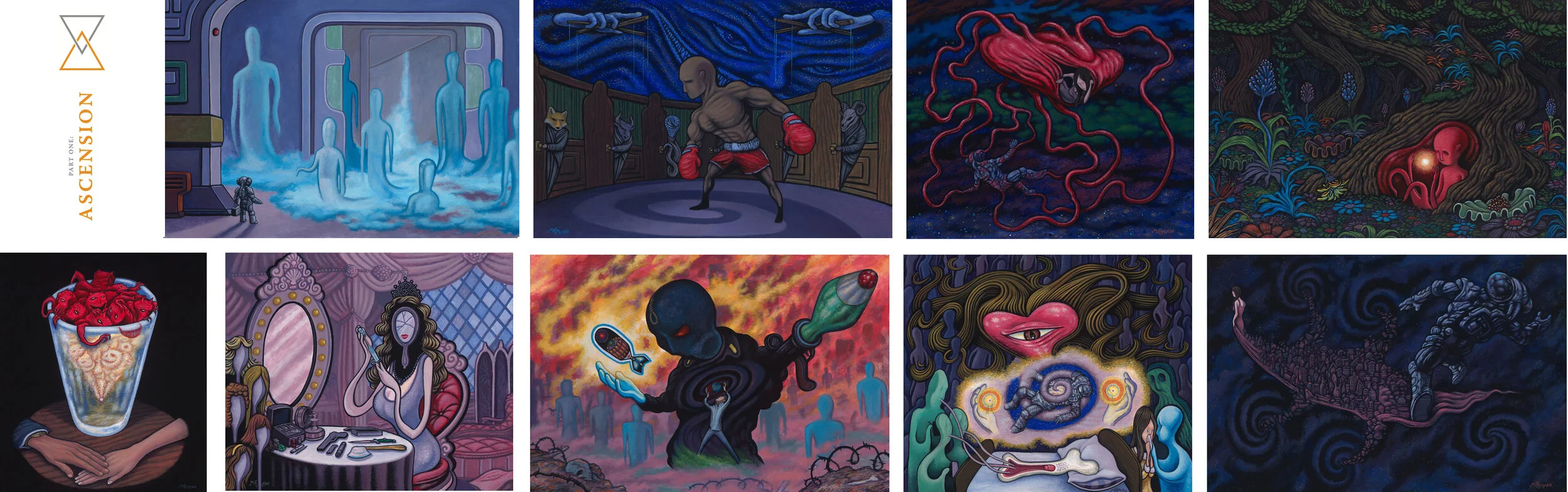 All nine paintings for the Afterman: Ascension first album and section of the special edition book.