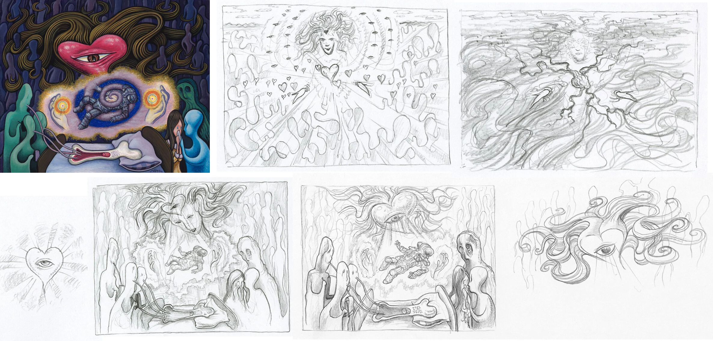 Final Evagria painting and sketch process to reach the painted work. Each drawing was brainstormed and sent over to Claudio, which he would respond to between recording sessions.