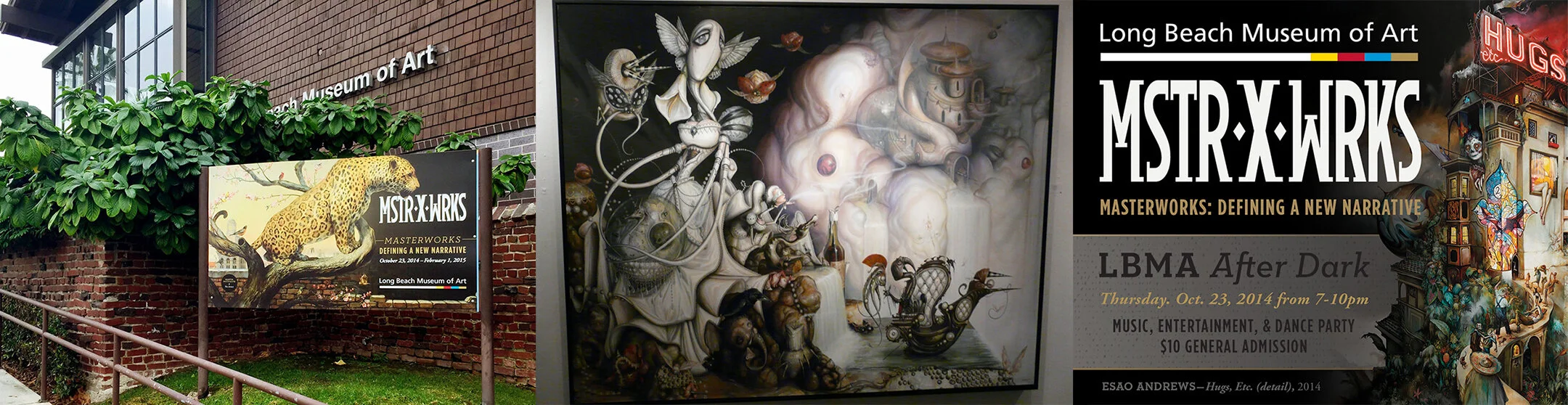 Exterior exhibit signage featuring Martin Wittfooth, painting by Greg Craola Simkins, LBMA After Dark online invite graphic.