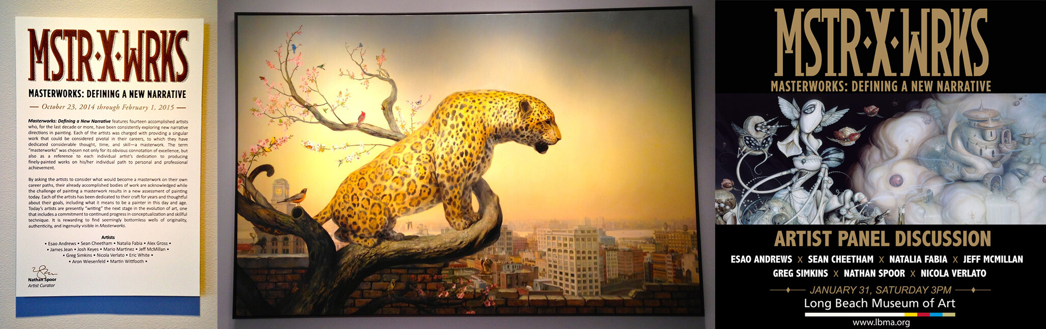 Exhibition opening statement by Nathan Spoor, artwork installation view of Martin Wittfooth painting, Artist Panel Discussion announcement.