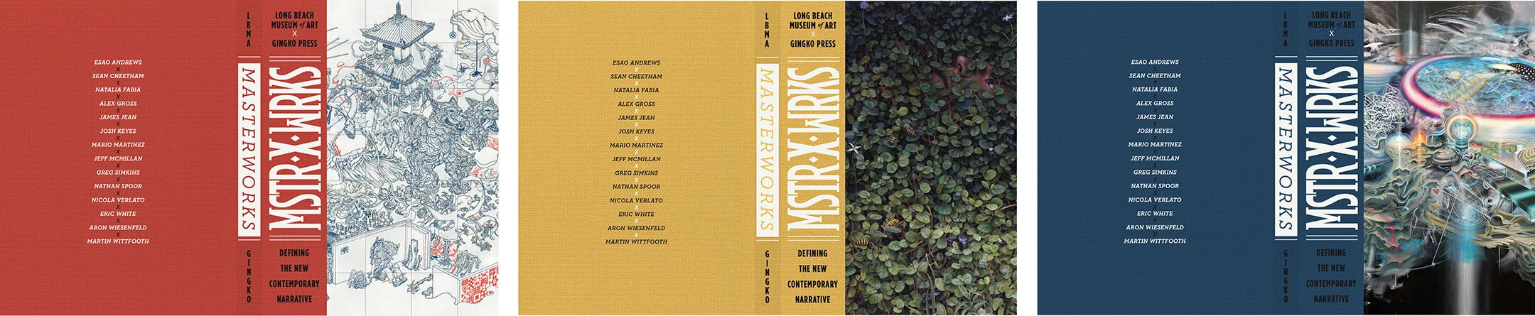 Masterworks exhibition book covers, round two, featuring James Jean (left), Aron Wiesenfeld (center), Mars-1 / Mario Martinez (right).