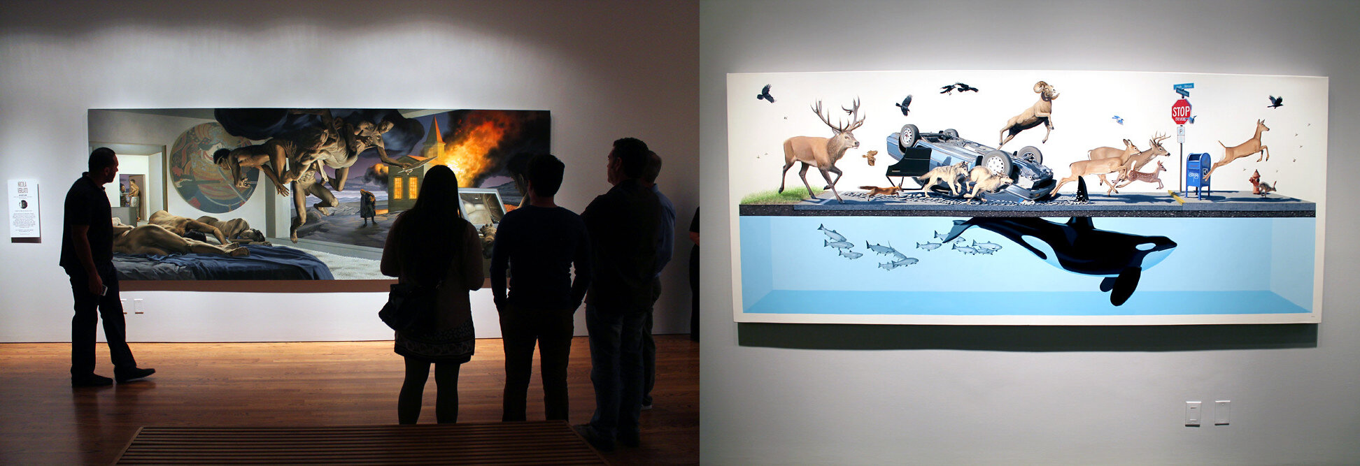 Masterworks exhibition opening featuring installation views of paintings by Nicola Verlato (left) and Josh Keyes (right).