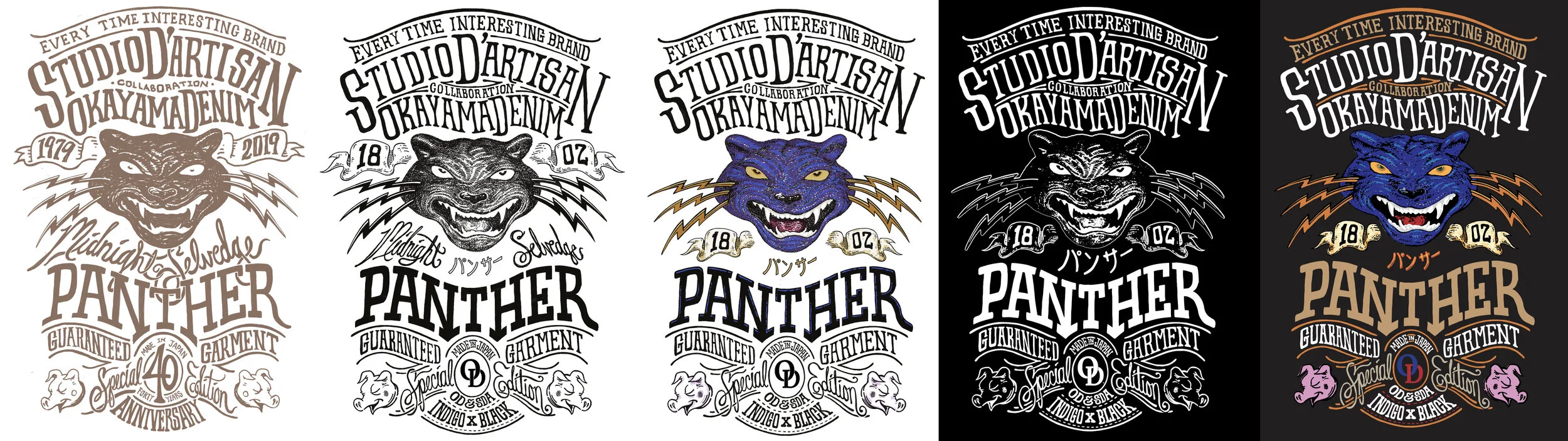 Here we can follow from left to right, the creative journey of the Panther graphic from initial sketches to the final pocket artwork. The final pocket artwork was created using a 10-screen process which is very unusual for these denim collaborations…