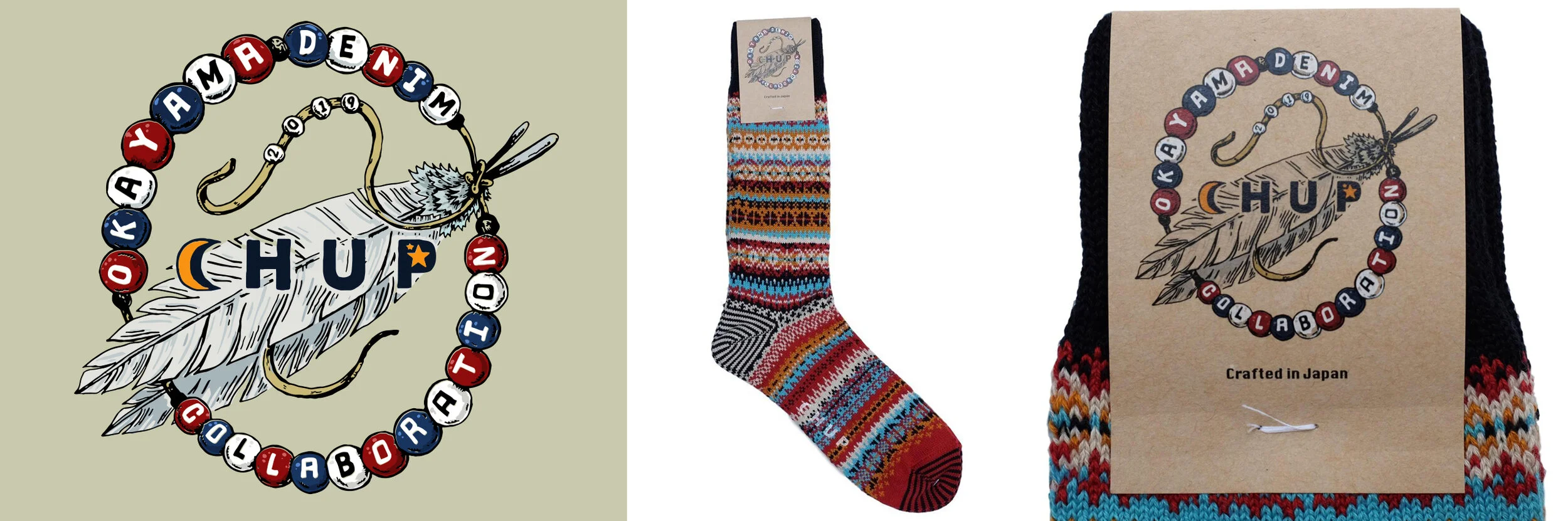 In 2019 I was tasked with creating a brand collaboration logo to celebrate the joining of forces between CHUP socks and Okayama Denim. The color scheme and theme of the collaboration were developed to highlight the marriage of ocean &amp; land, unde…