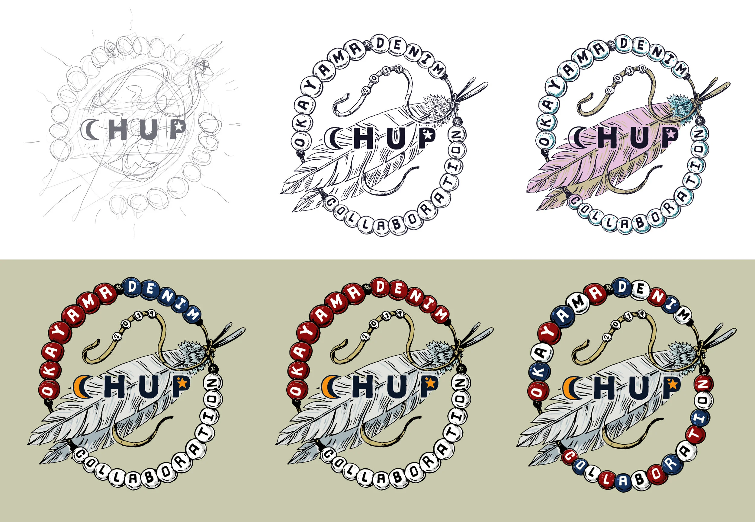 Above we can see the concept journey from sketch to final image. As the pedigree of CHUP socks lies in saluting native cultures &amp; themes from around the world, we wanted to implement the use of a Native American feather and beads in the collabor…