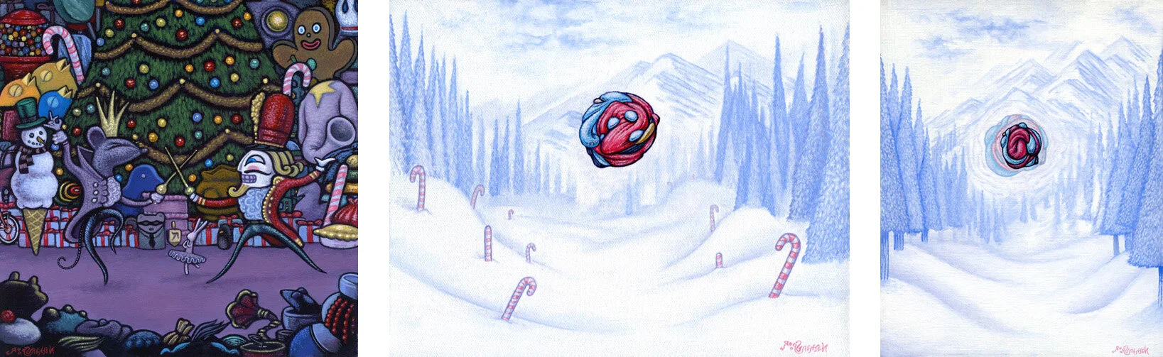 Holiday themed illustrations: Nutcracker (left) and Santaballs (middle / right)