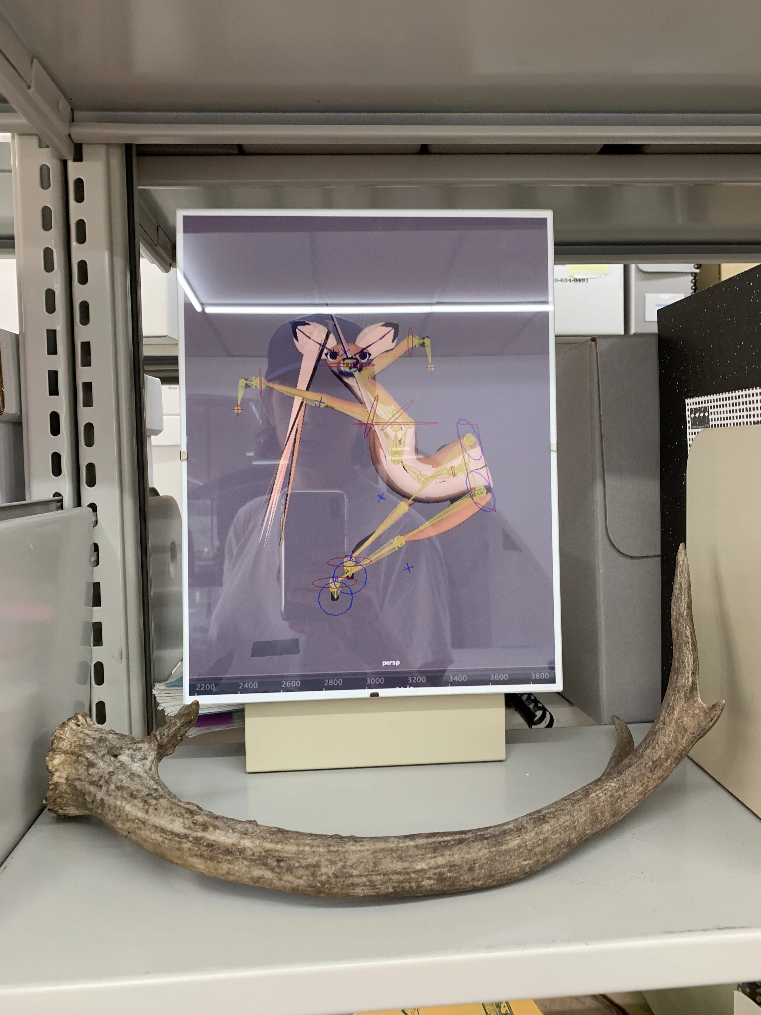 “Bambi Holes: Broken Bambi” (inkjet print in in clipframe)“Bambi Ontology #1: Bios” (deer antler)