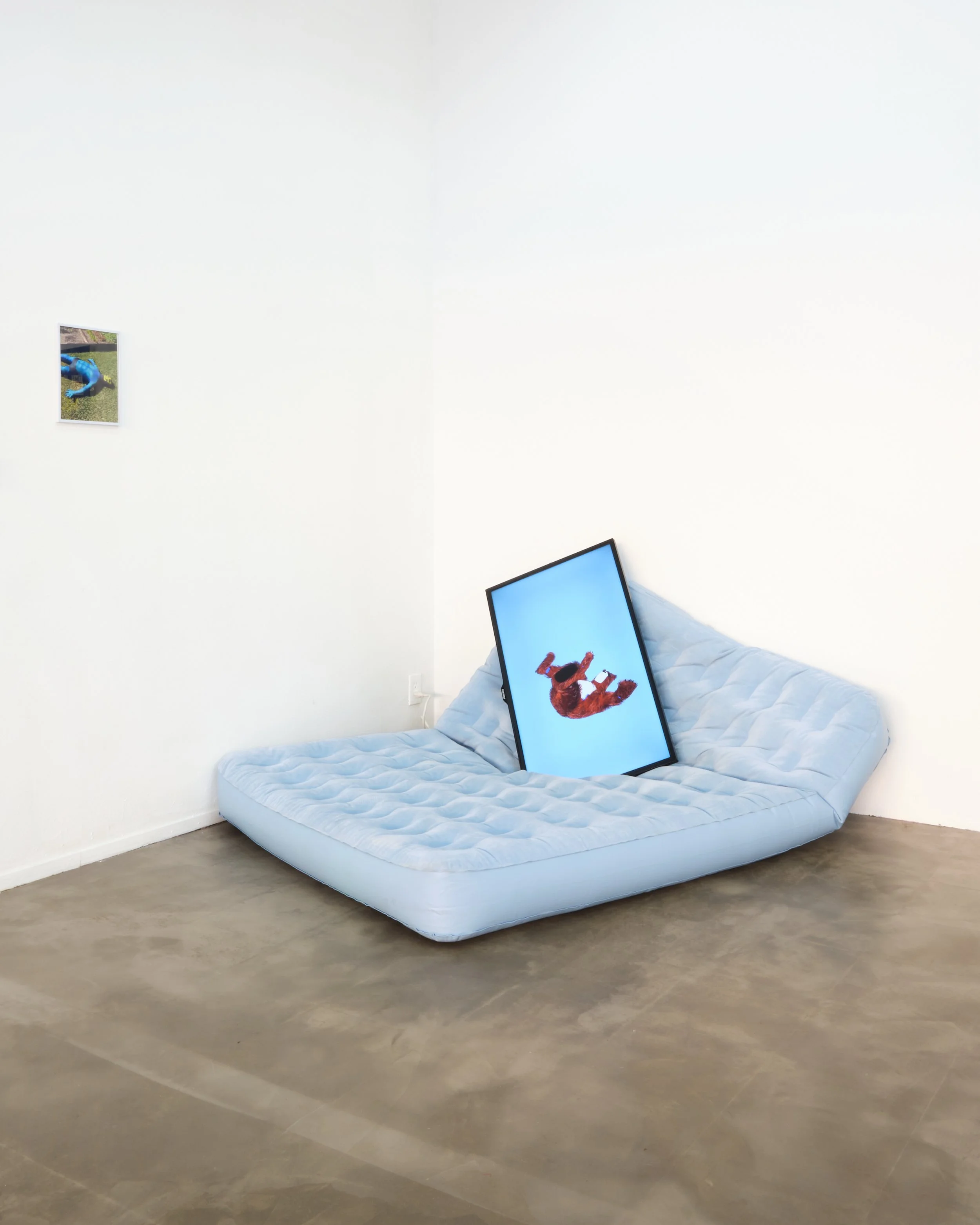 Ain't It a Breeze (2022) Installation with air mattress, photograph and animation, shown in group show Air Kiss, curated by Alex Nazari at Gattopardo, LA, CA