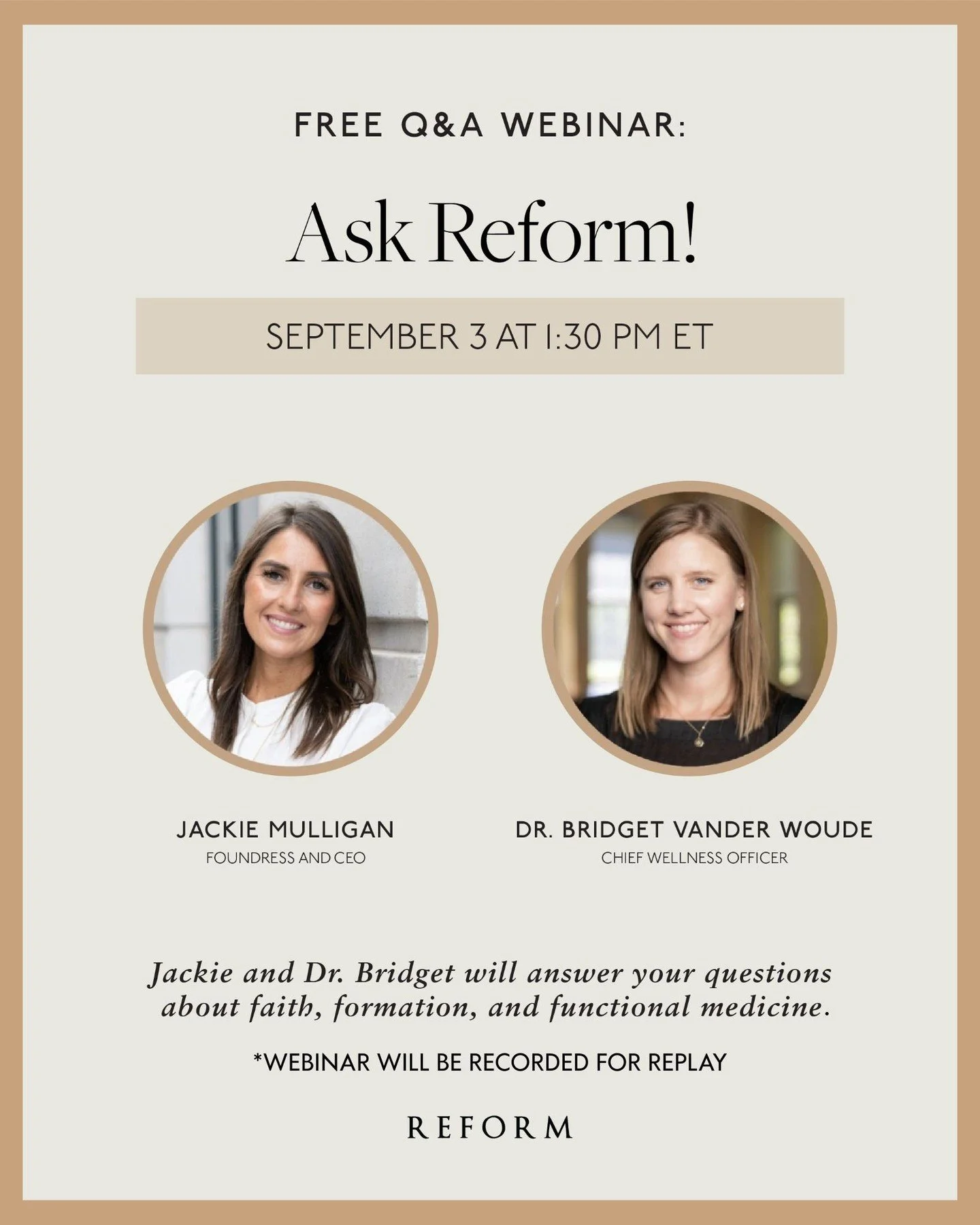 We invite you to join us for a free webinar in which the Reform Team will answer frequently asked questions about faith, formation, and functional health to support your physical and spiritual well-being.⁠
⁠
The webinar will take place on September 3