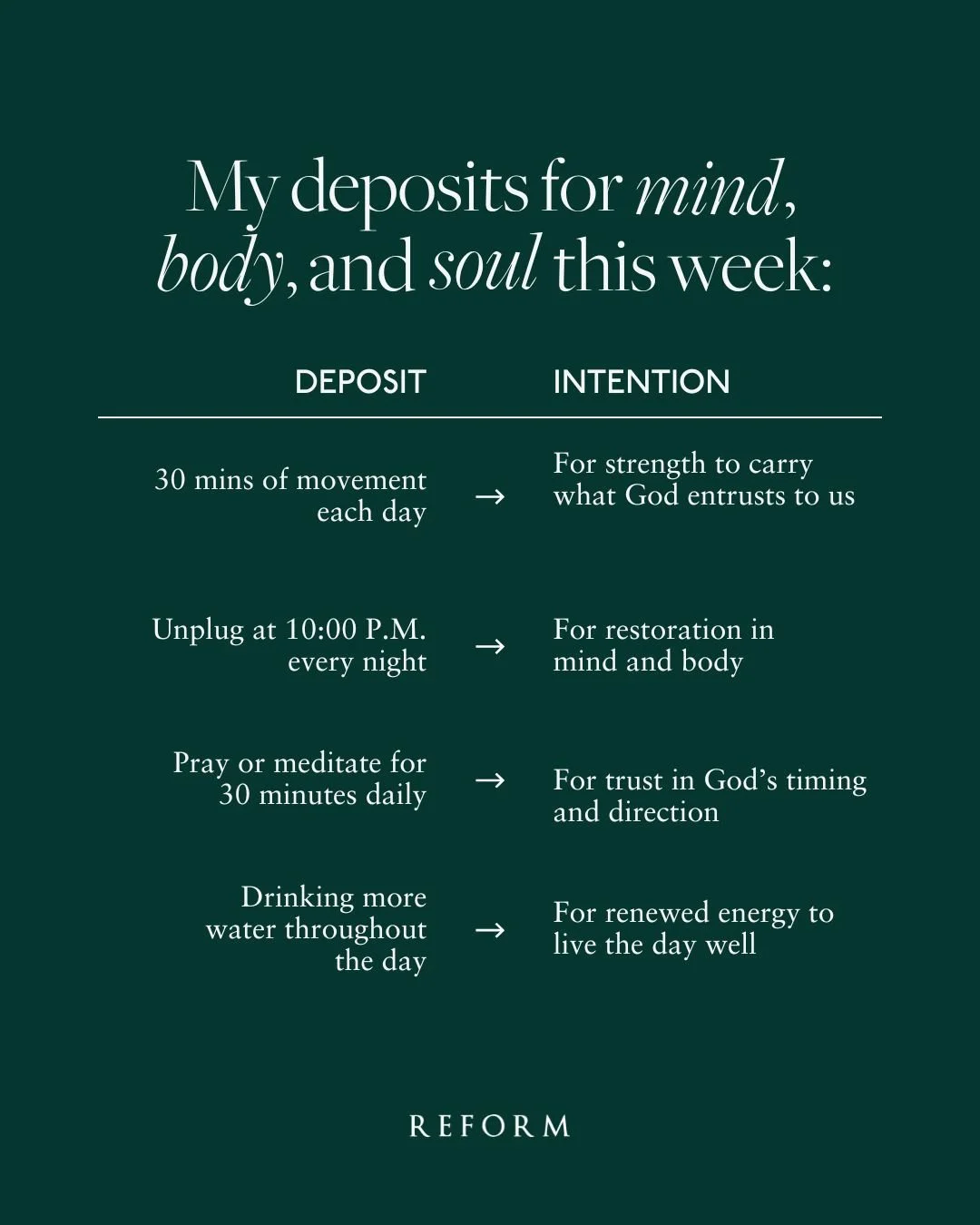 As we move forward into the new year, we wanted to share one of Reform&rsquo;s core frameworks for thinking about well-being. ⁠
⁠
Our health is like a bank account, and the choices we make either add or withdraw from our account.⁠
⁠
Deposits are life