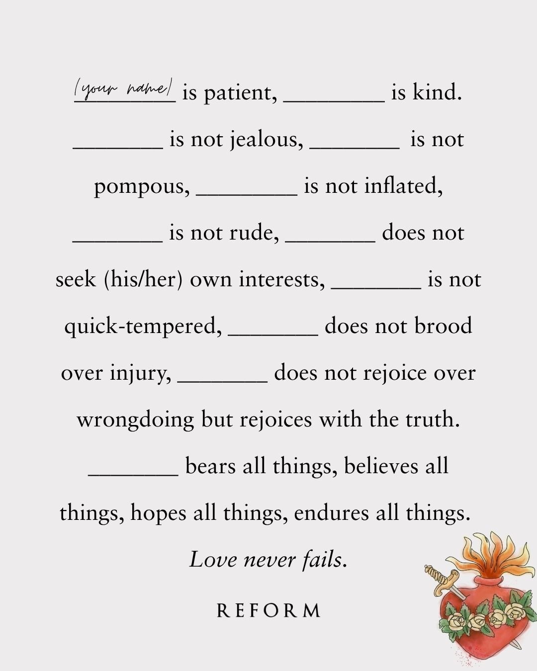 In the First Letter to the Corinthians, we read Saint Paul&rsquo;s famous &ldquo;Hymn to Love.&rdquo; 

While often read at weddings, the passage is meant for all Christians, as it is a description of human love that has been elevated by Christ. 

Th