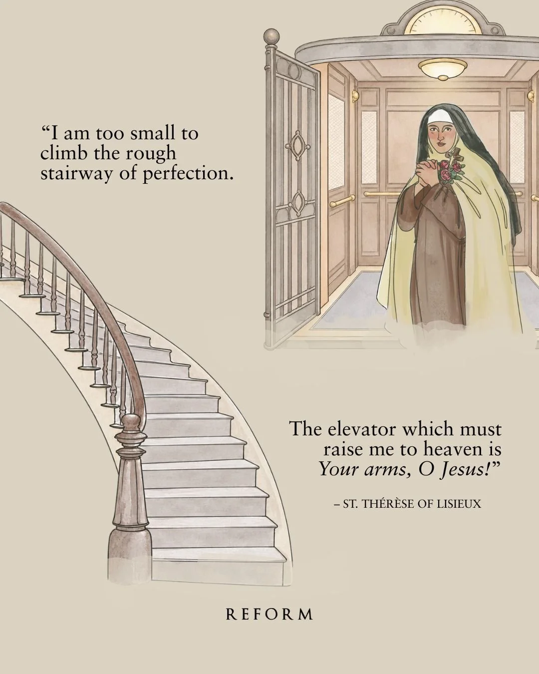 Happy Feast of St. Th&eacute;r&egrave;se of Lisieux! Today we launch the Carry One Forward campaign in honor of her patronage of Reform Alms, and in the spirit of her own hard-won lesson in what it means to be carried.

Th&eacute;r&egrave;se knew she