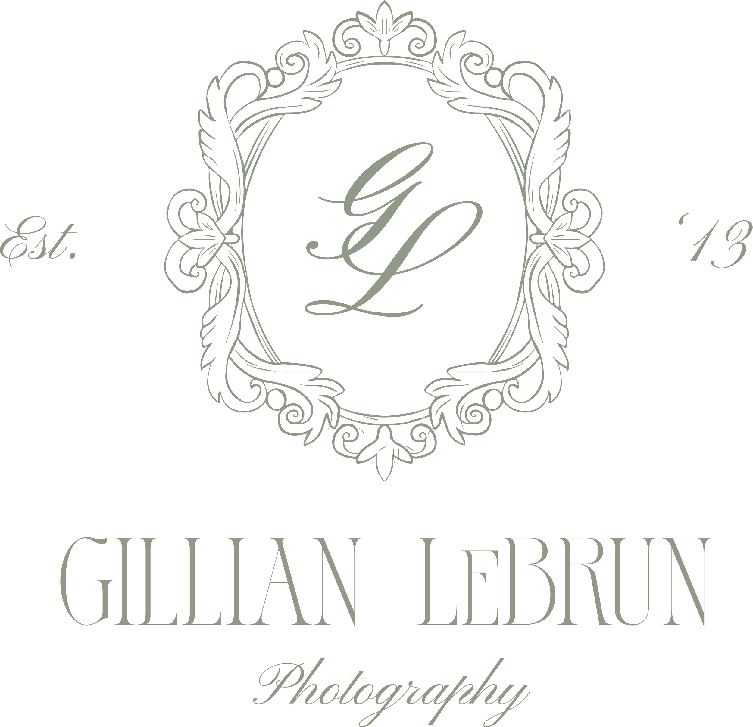A black and gray logo for Gillian LeBrun Photography features ornate decorative border, initials G L at the center, and the text 'Est. 13' around the border.