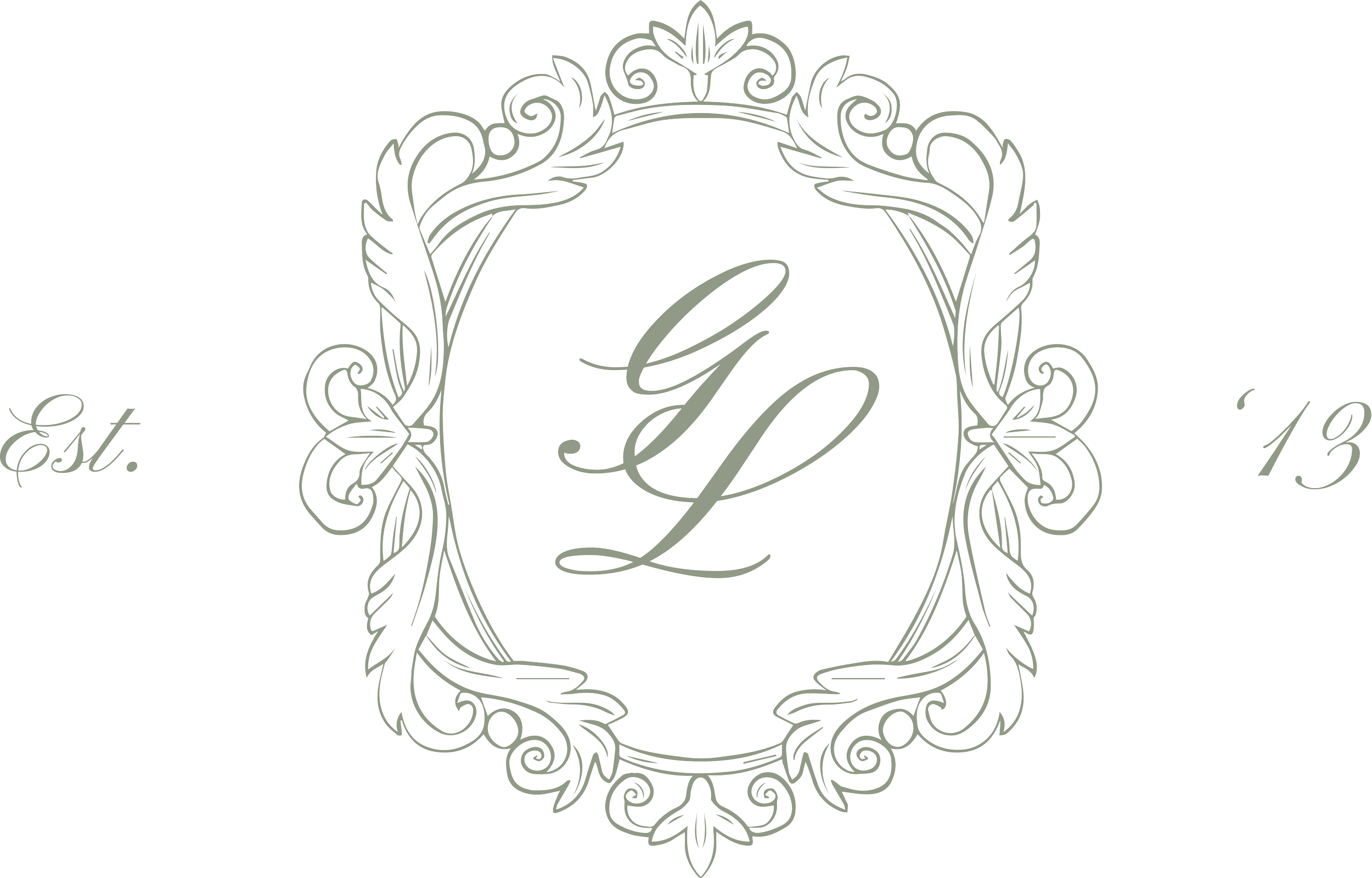 Elegant black and silver logo with decorative frame, featuring the initials 'L' and 'G' in the center, and the text 'Est. 13' on the sides.