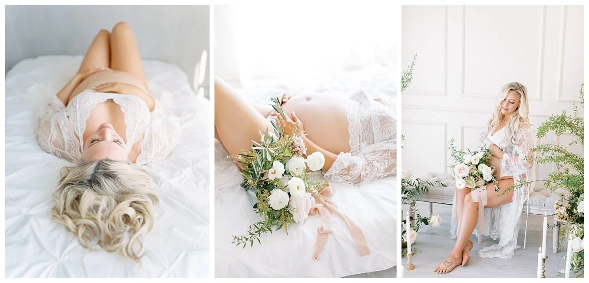pregnant woman in white lingerie with floral bouquet