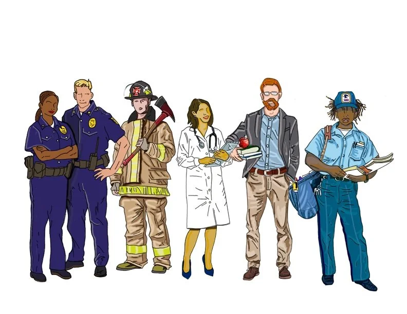 Illustration of five diverse professionals: police officers, firefighter, doctor, chef, and postal worker, standing side by side.