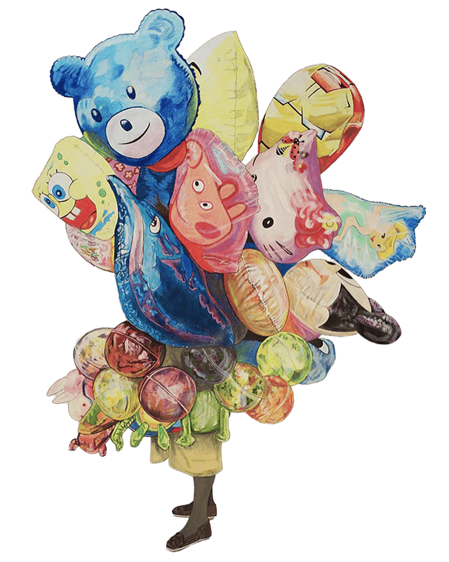 Colorful cluster of balloons featuring cartoon characters including a blue bear, SpongeBob, Hello Kitty, and others, held by a person wearing yellow shorts and brown shoes.