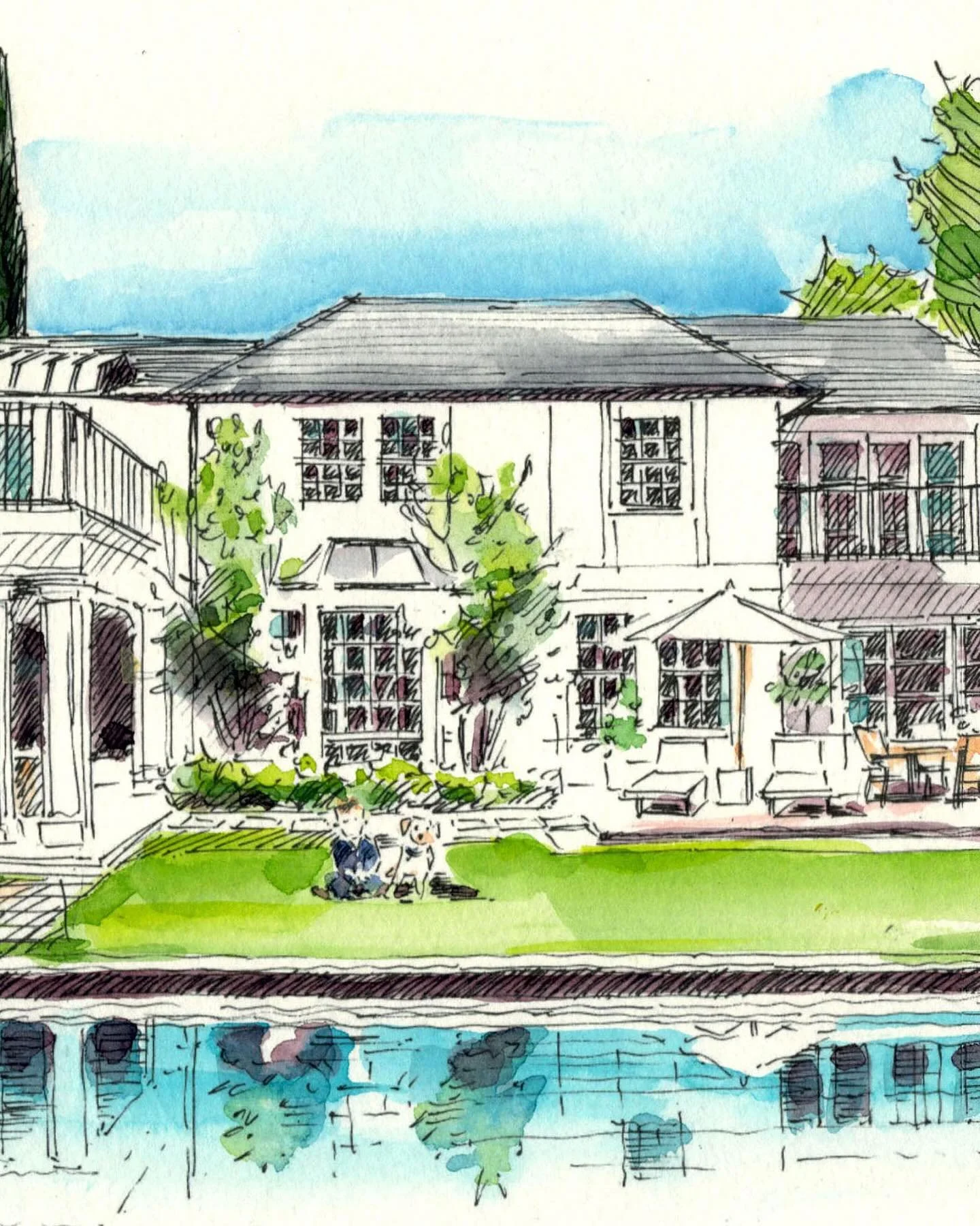 Blue skies and pool reflections. A watercolor detail from a recent commission.
-
-
-
-
-
#penandwatercolor #lineandwash #acuarela #watercolor #watercolorillustration #watercolorsketch&nbsp; #customwatercolor 
#californiaartist #californiaart