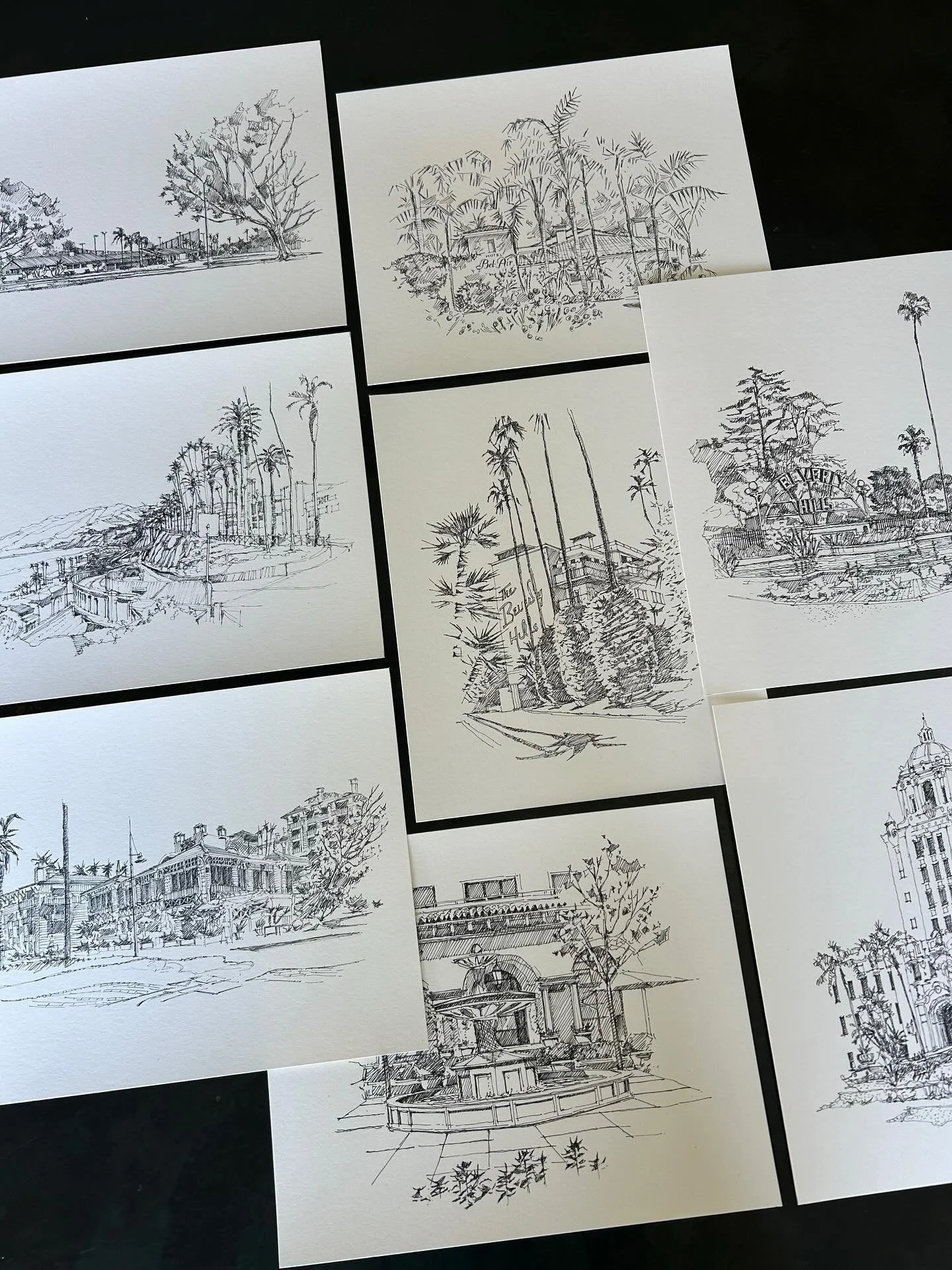 A recent custom order of drawing prints representing iconic locations in Santa Monica, West LA, Beverly Hills and Bel-Air. This series was printed at 8&rdquo; x 10&rdquo; and includes the following LA landmarks:

Hotel Bel-Air
The Maybourne Patio
Ran
