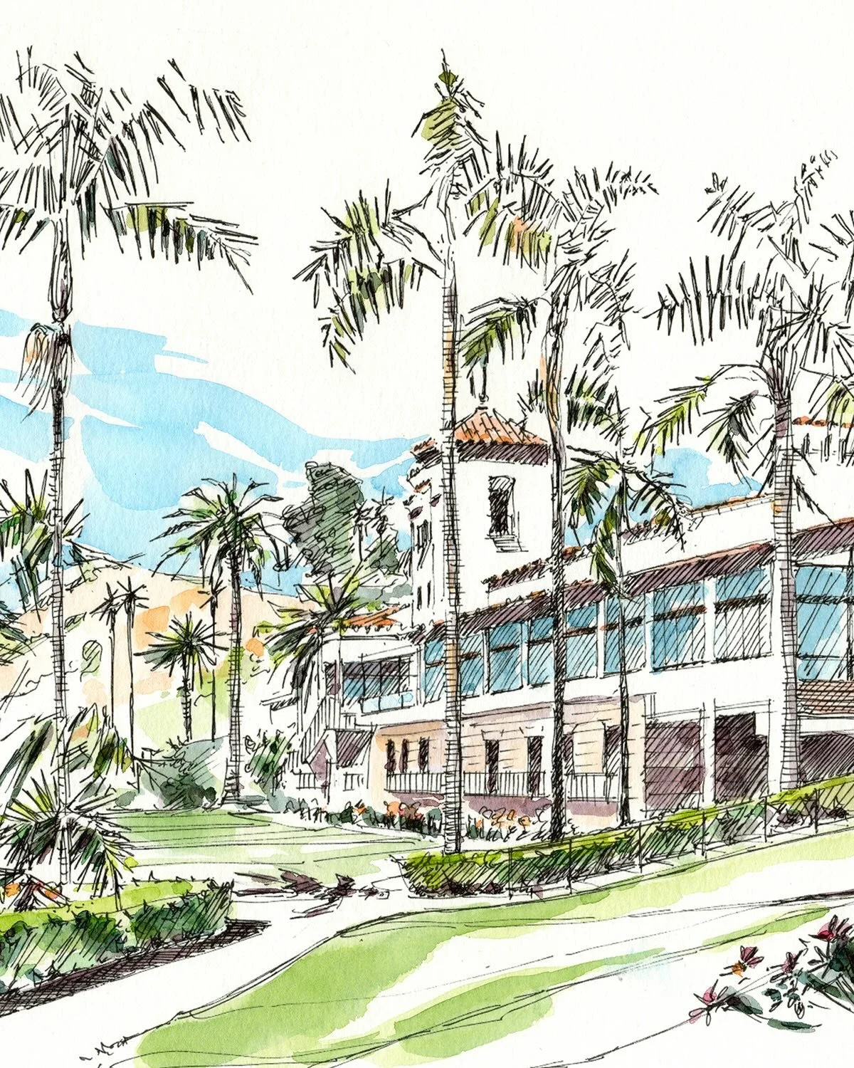 I originally drew the ocean facing side of the iconic LA venue, Bel-Air Bay Club, en plein air (on location) and painted it in my studio. This is 11&rdquo; x 15&rdquo;, printed to order in my studio on beautiful, natural white tone, semi smooth, acid