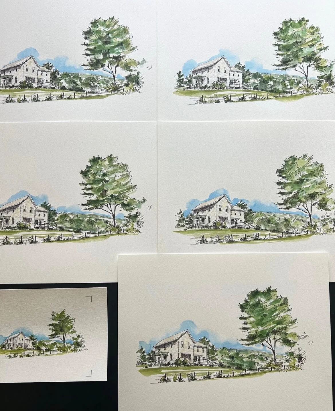 One farmhouse, five original watercolors. A Christmas commission honoring a family farmhouse, full of memories.
Same ink linework, each finished as its own watercolor.
11 &times; 15 ink and wash.
-
-
-
-
-
#lineandwash #penandwatercolor #watercolorco