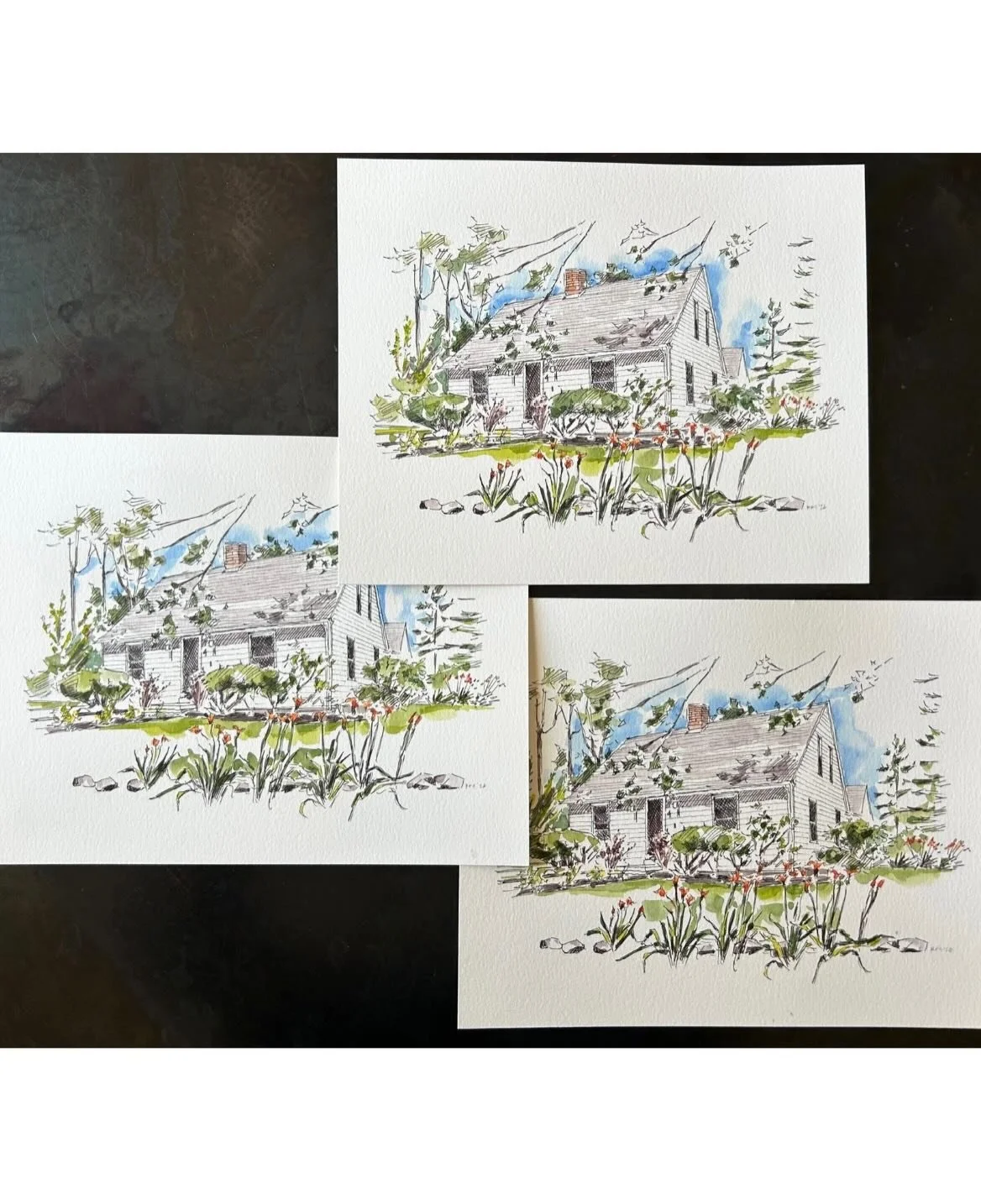 One family home, three original watercolors. A commission for a father and his daughters&mdash;each daughter with her own painting of the home where he raised them.
Same ink linework, each finished as its own watercolor.
8 &times; 10 ink and wash.

#