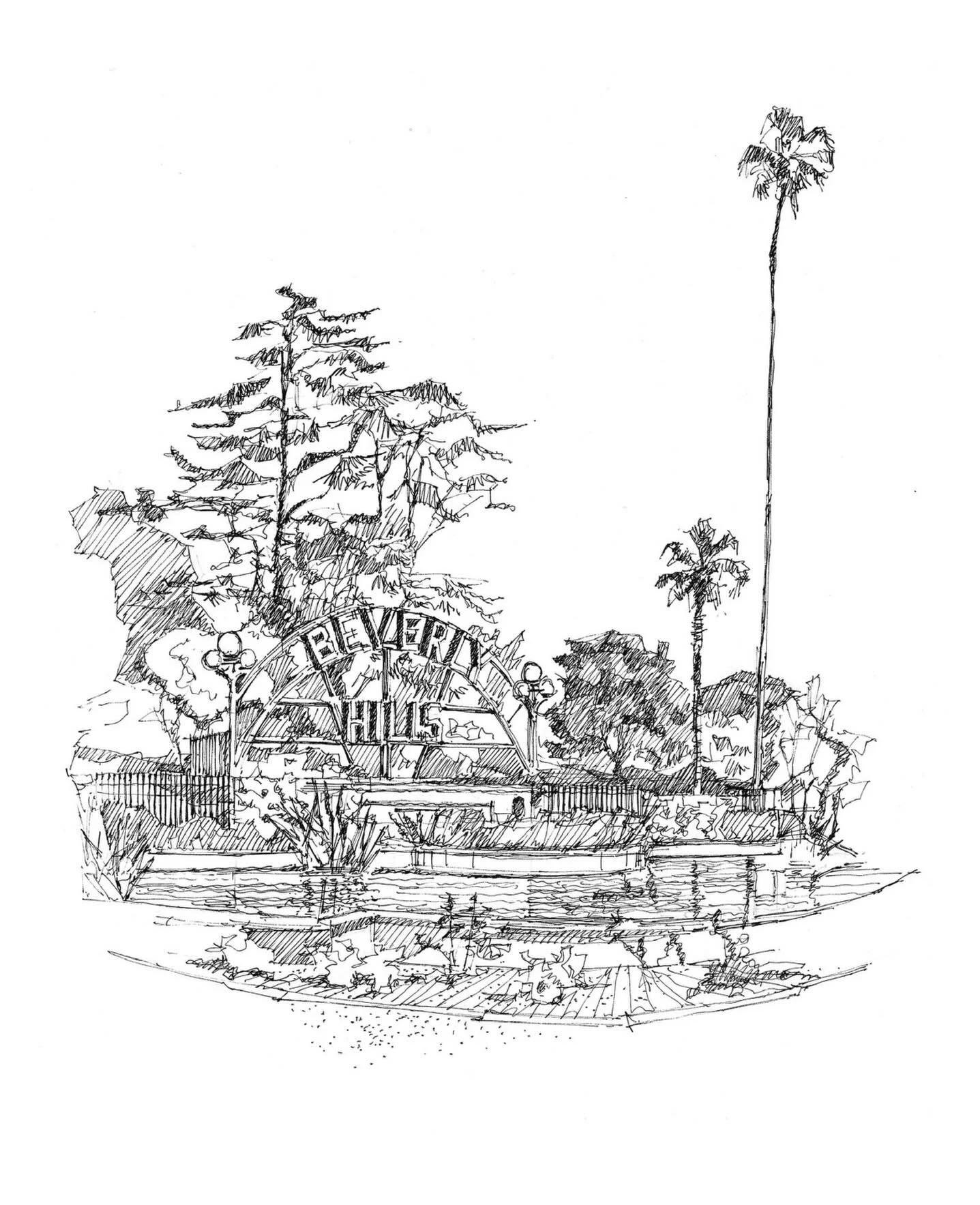 The historic Beverly Hills Sign in Beverly Gardens Park, originally drawn on location and part of my collection of prints capturing iconic Los Angeles landmarks. Link in bio.

#urbansketchers #drawingonlocation #pendrawing #beverlyhills #beverlyhills