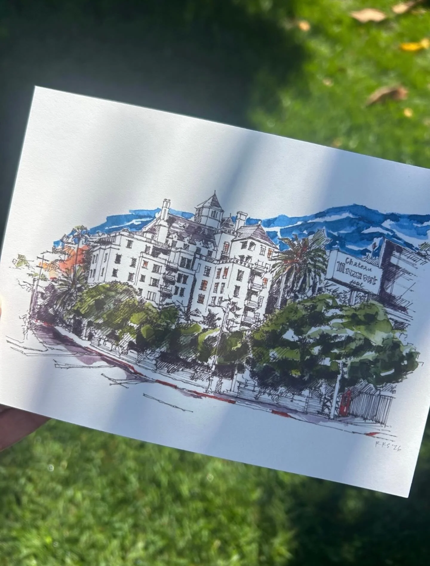 Chateau Marmont.

Drawn on location and completed with watercolor in the studio, this painting shows the historic hotel perched above Sunset Boulevard with its recognizable sign framed by the surrounding trees.

The original painting has sold. This p