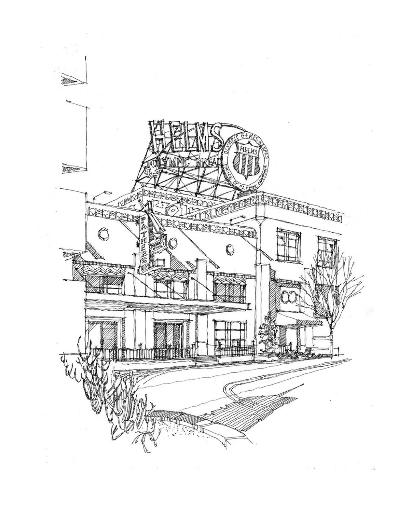 Helms Bakery District.

Drawn on location in Culver City, this vignette captures the historic fa&ccedil;ade with special attention to the iconic Helms Bakery sign.

Part of an ongoing series of drawings celebrating Los Angeles landmarks and neighborh