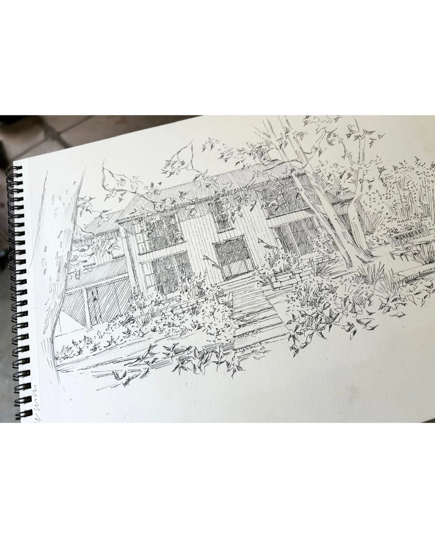 This sketchbook drawing was created en plein air for a commission of a beautiful Brentwood home. Drawing on location is my favorite way to work because it allows me to build the composition in real time, observe the changing light, shadows, and color