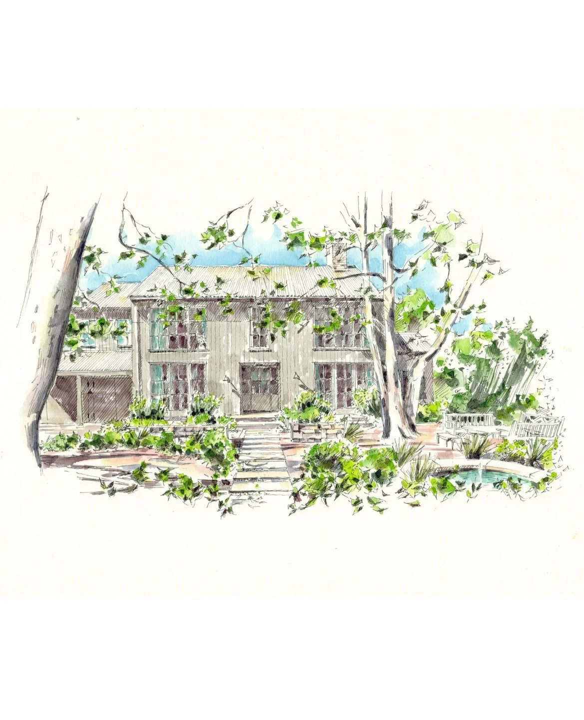 Following the on-location ink drawing I shared in my last post, here is the finished watercolor of this Brentwood residence. The painting combines detailed ink linework with transparent watercolor washes to capture the architecture, surrounding lands