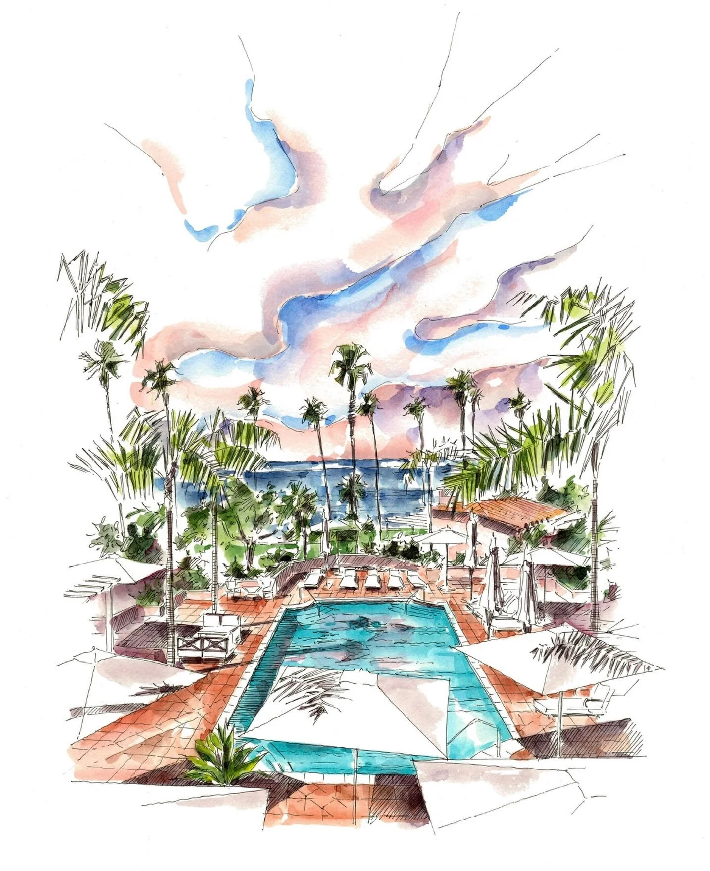 A watercolor capturing the poolside view at La Valencia Hotel in La Jolla, with palm trees framing the Pacific Ocean beyond and a dramatic sunset filling the sky.

Created in collaboration with @liu.collective

@lavalenciahotel
#LaValenciaHotel #LaJo