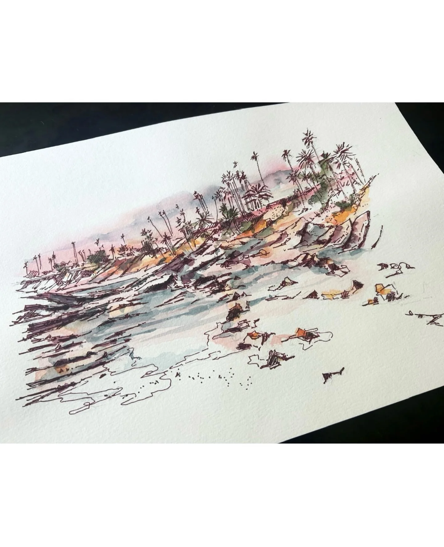 This piece has been a favorite of mine, starting as an en plein air drawing at Heisler Park and finished in the studio with burgundy ink and watercolor washes. After its recent feature in Laguna Beach Magazine, it&rsquo;s great to see it head off to 