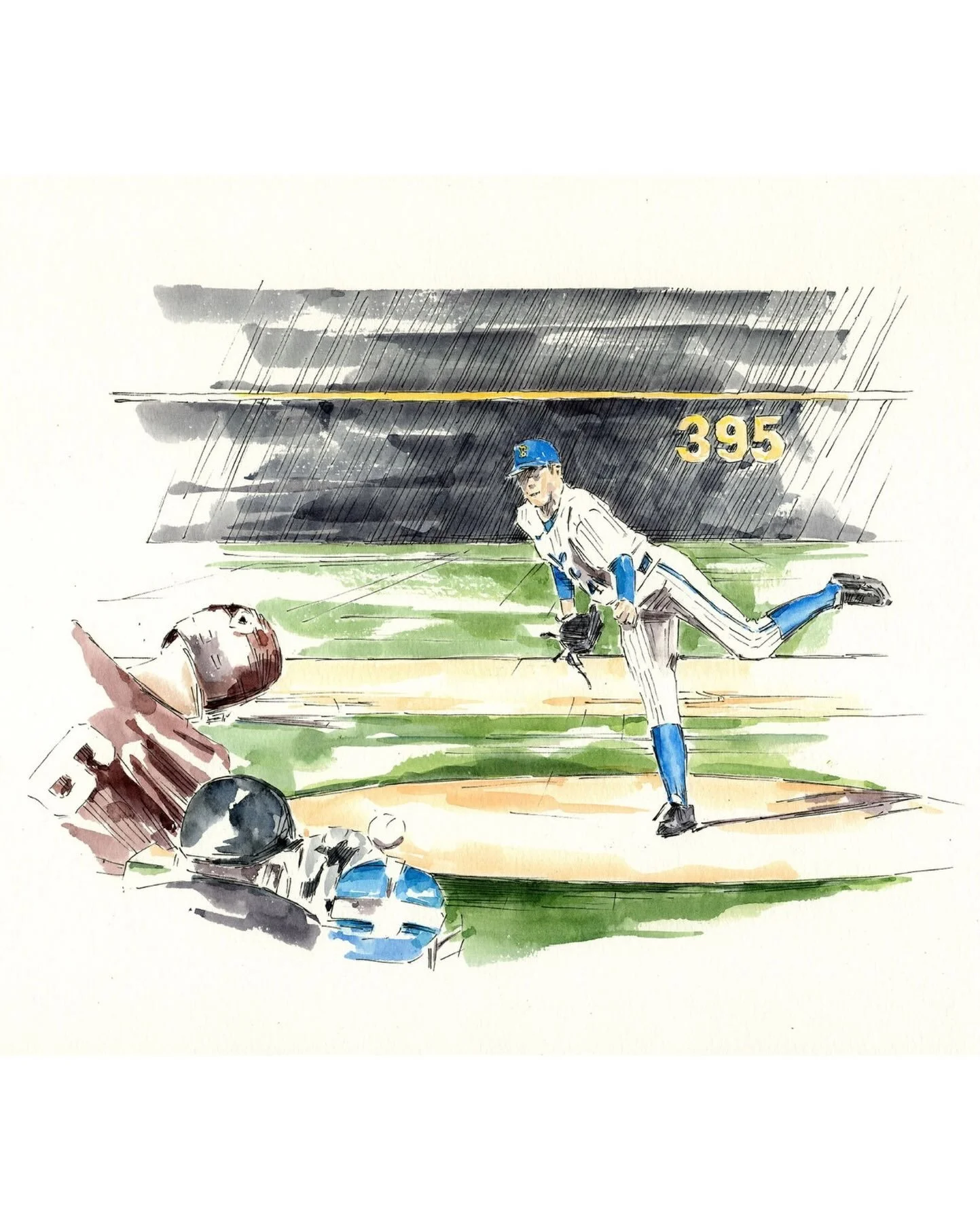 It was an honor to paint this special chapter of their son&rsquo;s journey pitching at UCLA.

#penandwatercolor #watercolorpainting #baseballart #sportsdrawing #commissionedart