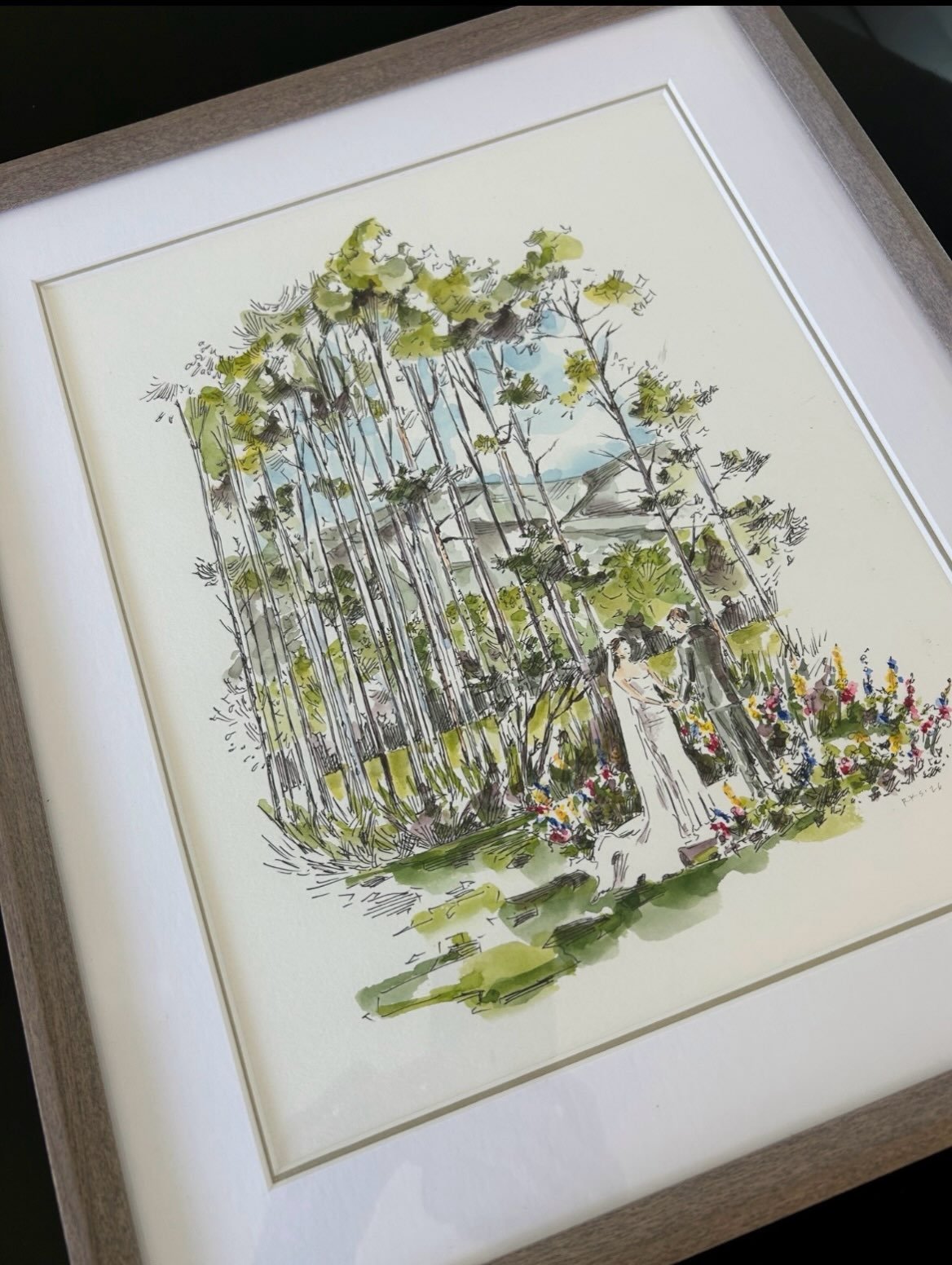 Vows among the aspen trees. The completed watercolor.
#jacksonholewedding #watercolorartist #lineandwash #weddingart #customwatercolor @bernadette_tankle